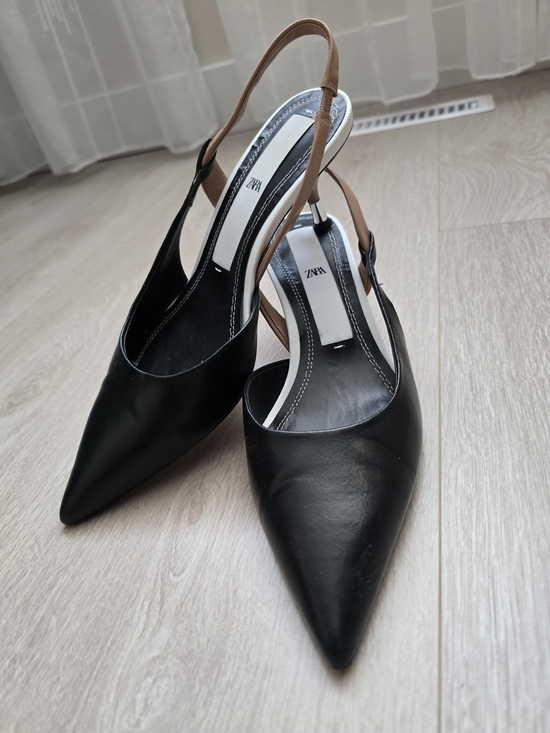 Zara Shoes - Zara Black Pointed Slingback Pumps with Tan Strap Size 37 Eur